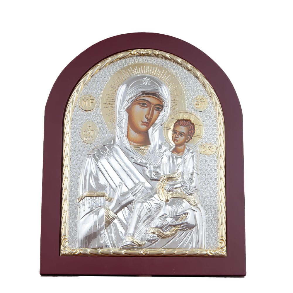Icona ortodossa della Vergine Maria e Gesù Bambino, placcata in argento e oro, perfetta per la casa o la chiesa (rosso)