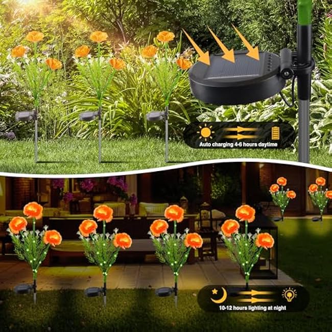 Halloween Decorations Solar Marigold Garden Lights Outdoor,2PACKS Artificial Marigold Flowers for Halloween Party Gifts Decor,Solar Flowers Path Lights for Lawn/Grave/Creepy Decor