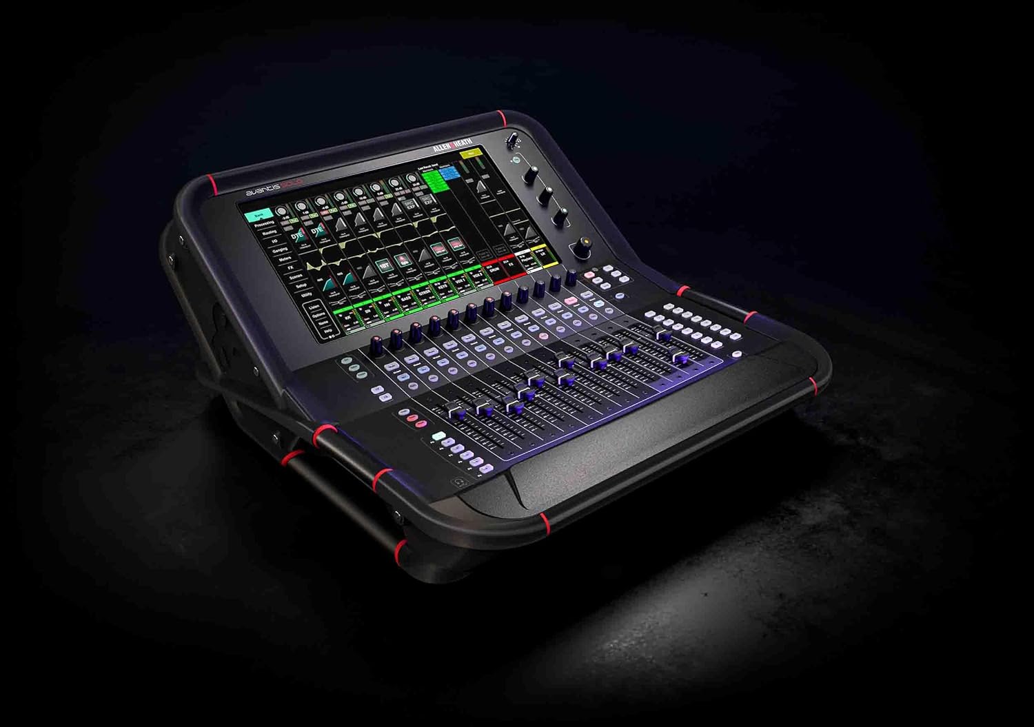 Allen & Heath Avantis Solo digital mixer in a dark studio setting