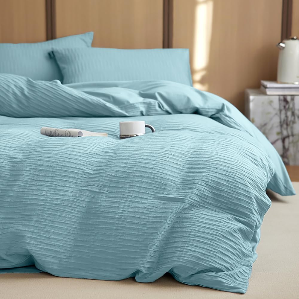 Menkala Seersucker Bed Linen 155 x 220 cm Blue Light Blue Plain Summer