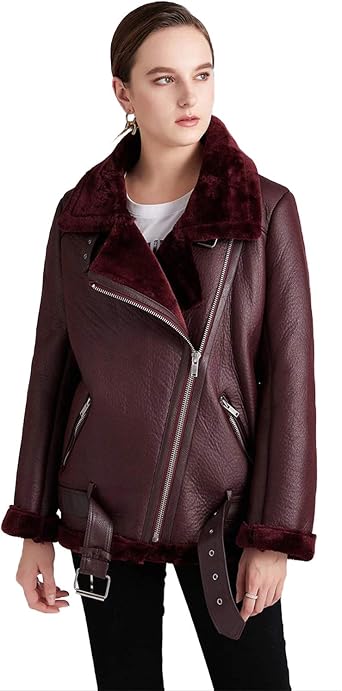 YILANUOYI Winter Women Faux Leather Lambs Leather Jacket Moto Biker Coat Fur Collar Zipper Warm Thick Coat