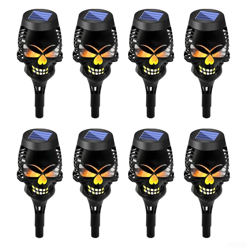 8 Stück Gruselige Totenkopf-Solar-Fackel-Lichter, LED-Flammeneffekt, Halloween-Dekoration für den Außenbereich, Garten, Weg, Hof, Party, Rasen, Landschaftsbeleuchtung, wasserdicht, IP65