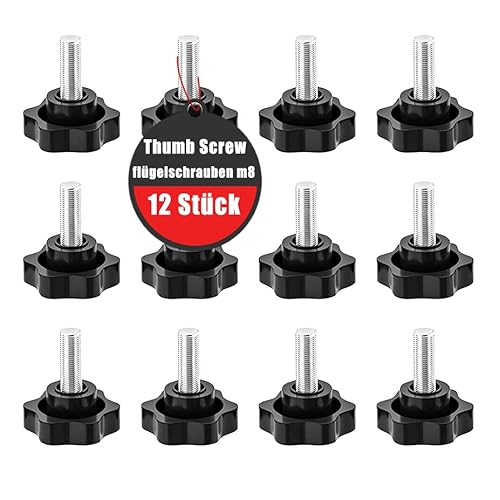 Lot de 12 vis à poignée étoile - Vis avec poignée M8 x 30 mm - Vis à tête moletée - Écrou à poignée étoile - Bouton de serrage pour machine à outils - Noir
