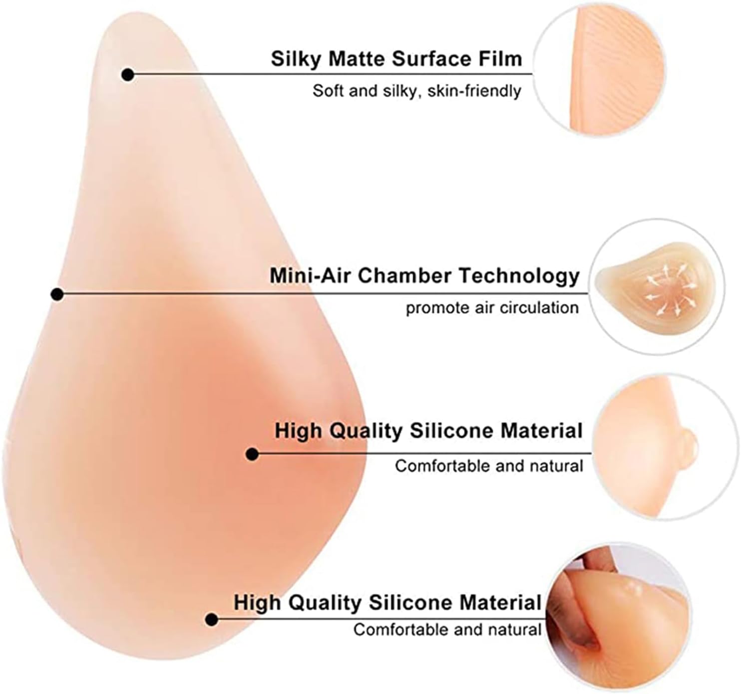 Silicone Breast Prosthesis Teardrop Shaped Spiral Concave Bra Pads Self-Adhesive for Mastectomy Transgender Cosplay Invisible Breast Enhancers(200g, Left Side Only)