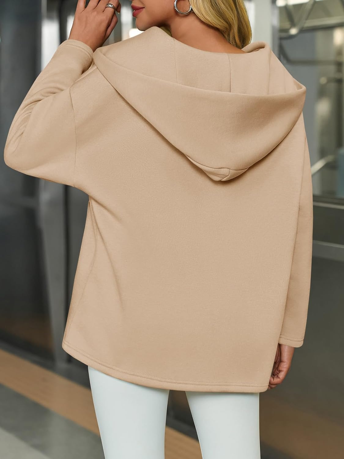 Fisoew Women's Hoodies Oversized Sweatshirts Casual Fleece V Neck Long Sleeve Hooded Loose Fall Winter Pullover Tops - Image 3