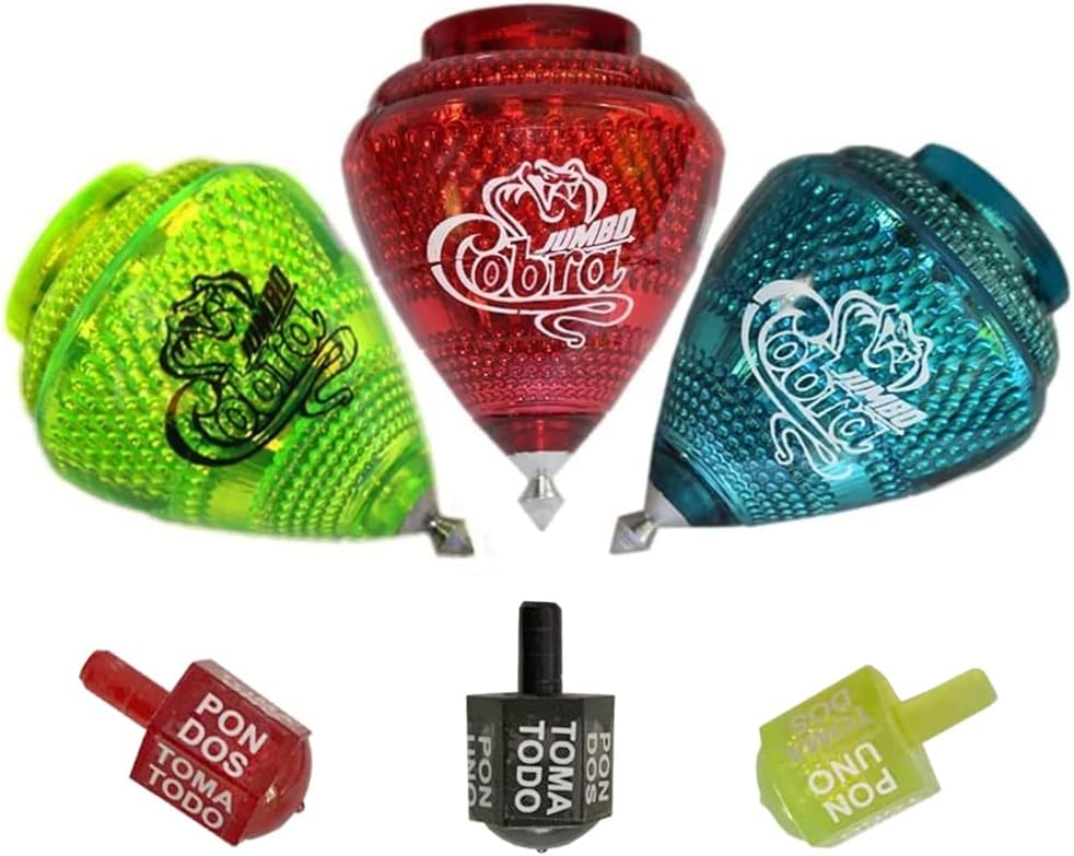 3 Pack Jumbo Cobra Spinning Top Set with 3 Assorted Color Toma Todo Mexican Traditional Game Trompos Mexicanos Cometa de Plastico con Lanzador de Cuerda Incluido Perinolas Incluidas Durable Metal Tips
