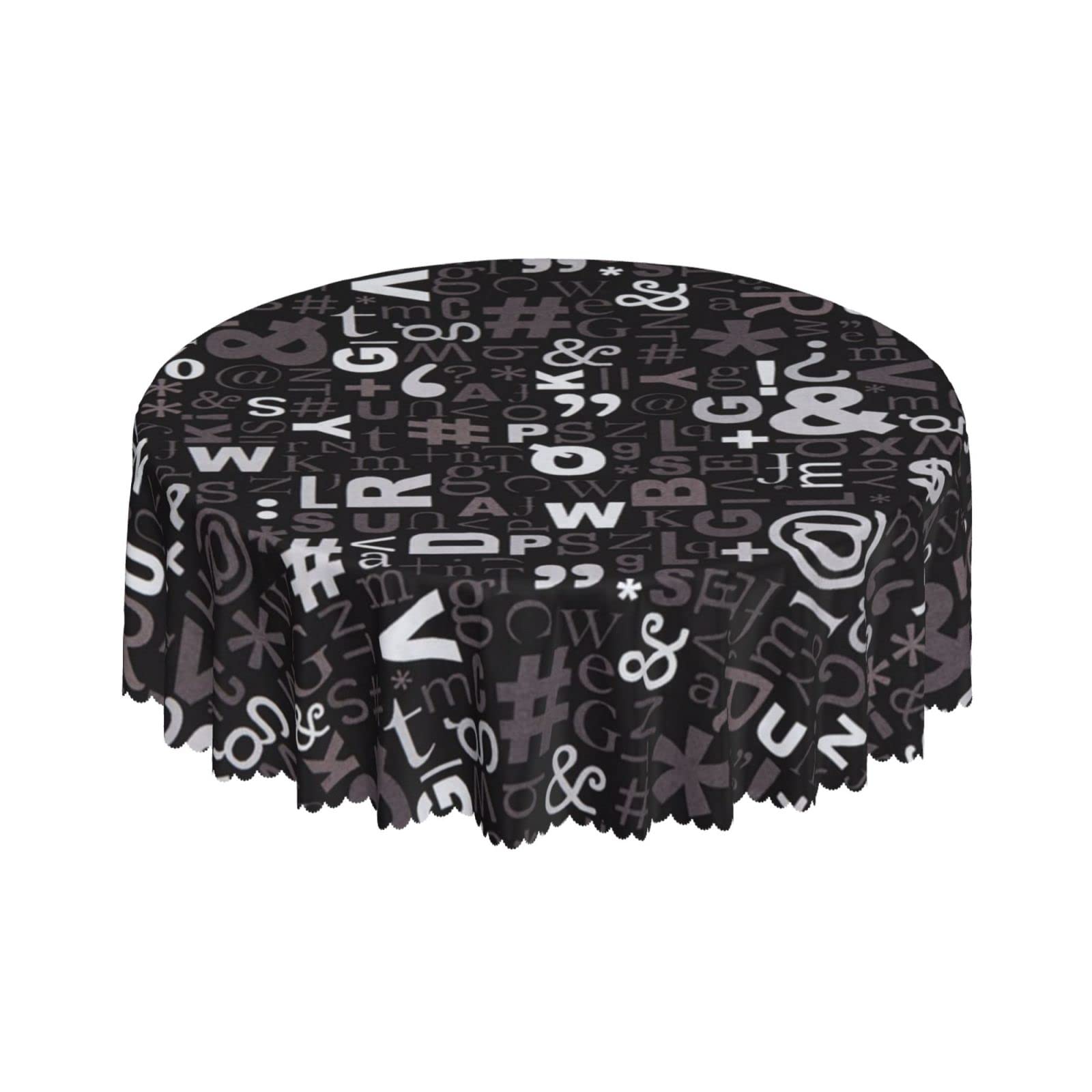 Lsjuee Letters Numbers English Black Round Tablecloth 60 Inch Printed Washable Tablecloth for Dining Party Holiday Fall Home Decorative