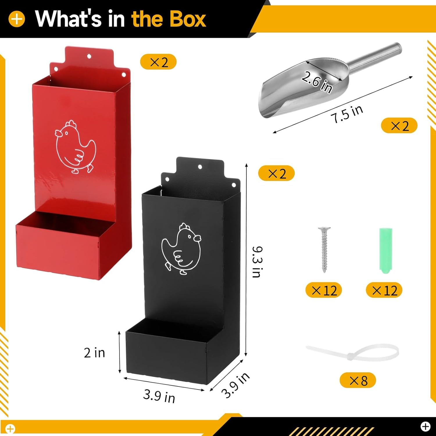 4 Pcs Chicken Grit Feeders, Metal Oyster Shell Feeders, Automatic Gravity Feeding Dispensers, Hanging Chicken Feeders, Poultry Coop Accessories, 2 Scoops Included