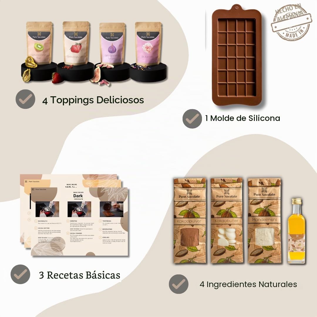 Pure Xocolate Kit de chocolate DIY – Kit para hacer chocolate – Vegano – Alternativa sin lactosa – Ideas de regalo de chocolate para niños, mujeres y hombres – Incluye molde de silicona y recetas