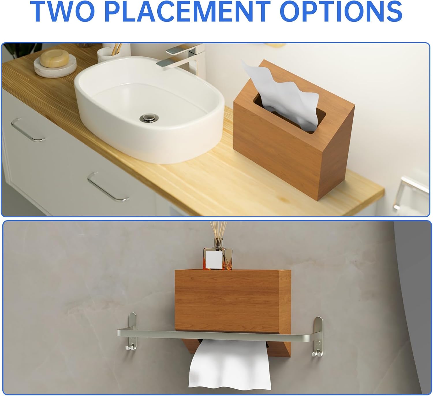 NiHome Pine Wood Tissue Box Cover for Kleenex Hand Towels, Easy Refill Bottom Pull Design, Dual-Use Upright or Inverted Holder with Anti-Slip Base for Bathroom, Kitchen, or Bedroom (Walnut Color)
