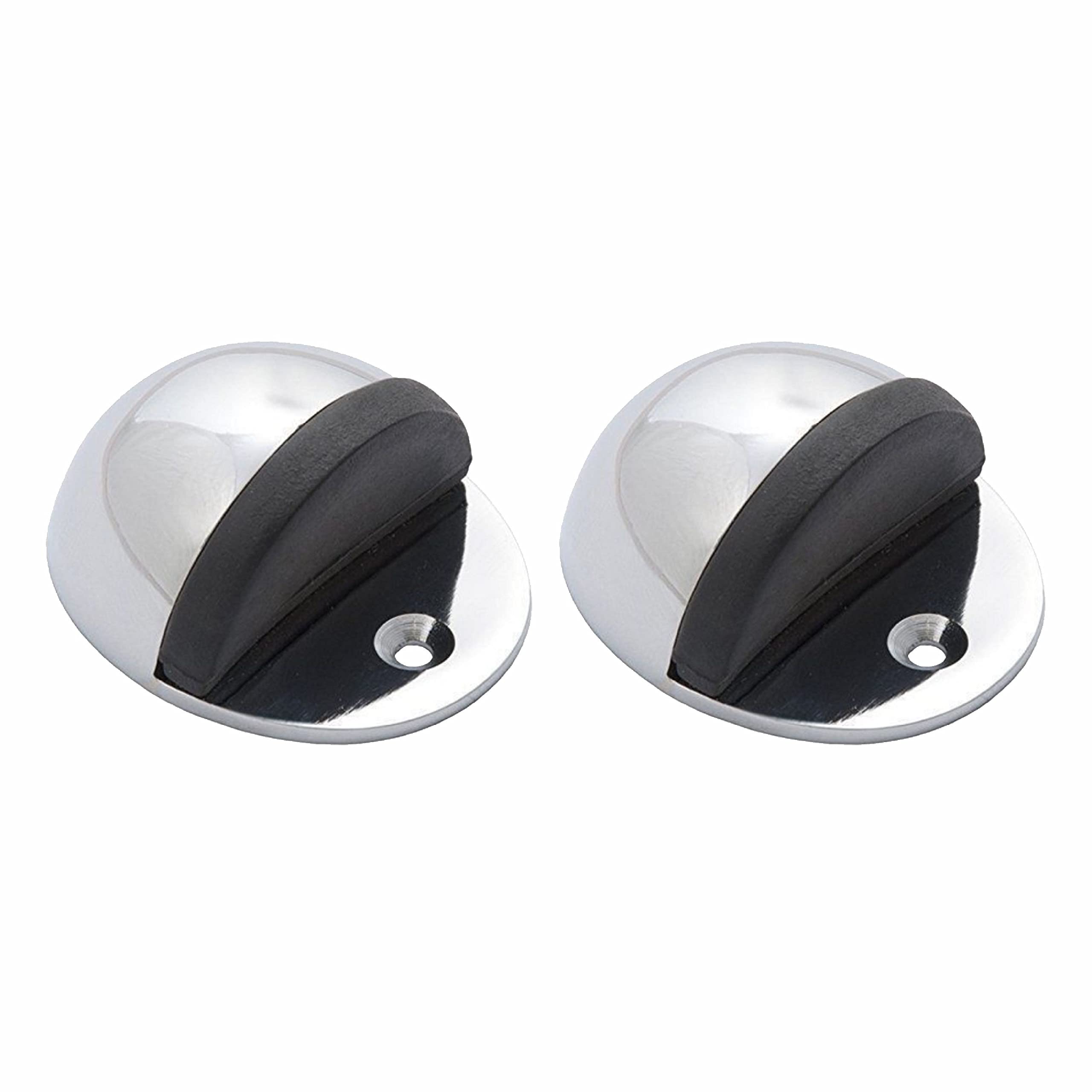 SUL Brass Oval Floor Mounted Door Stops, Half Moon Floor Door Stopper with Rubber Bumper, Wall Protector Chrome Polished Doorstop with Screws for Hard Floor Glass Door to Protect Walls and Doors (2pk)