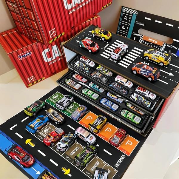 Image of Toy Cars for Kids, 48 Pull Back Race Cars Toys, Container Storage Box, Die Cast Metal Toy Cars Set, Dinosaur & Racing Pattern, Race Car Party Favors, Small Cars for Toddlers 3-5