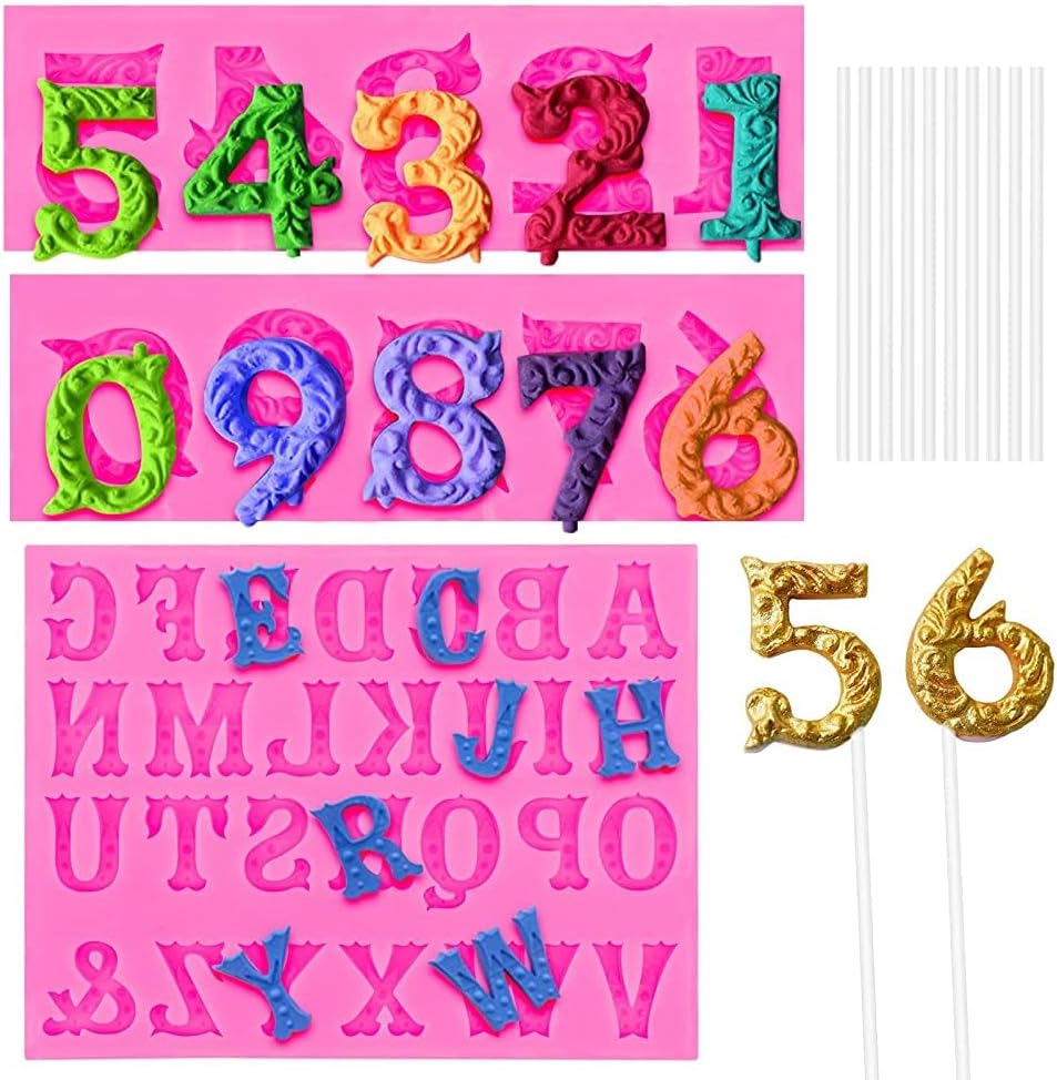 SelfTek Number 0-9 & Alphabet A-Z Silicone Fondant Number/Letter Mold 10Pcs Lollipop Sticks Candy Number Mold Letter Chocolate Mold Cake Craft Decoration Tools for Birthday Graduation Anniversary