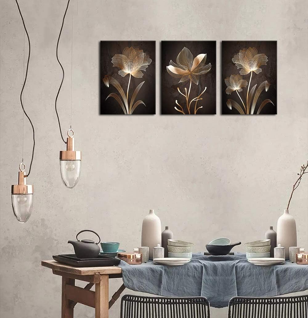 Abstract Wall Art Brown Flowers Canvas Pictures Contemporary Minimalism Abstract Flower Artwork for Bedroom Bathroom Living Room Wall Decor 12" x 16" x 3 Pieces