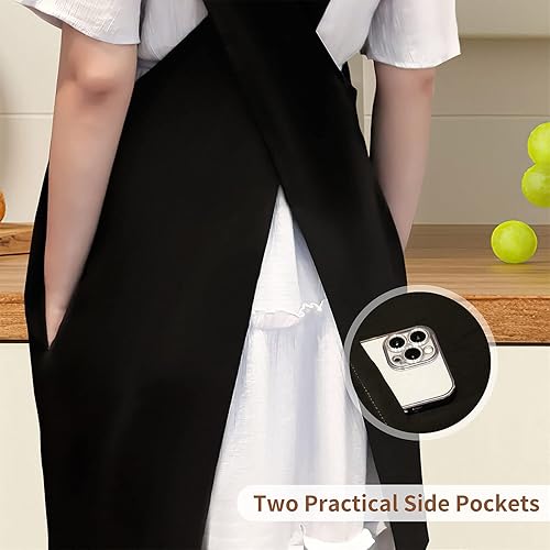 Miniatura 5 de KKTech Delantal estilo japonés premium en forma de X con correa cruzada de algodónlino mezclado 2 bolsillos