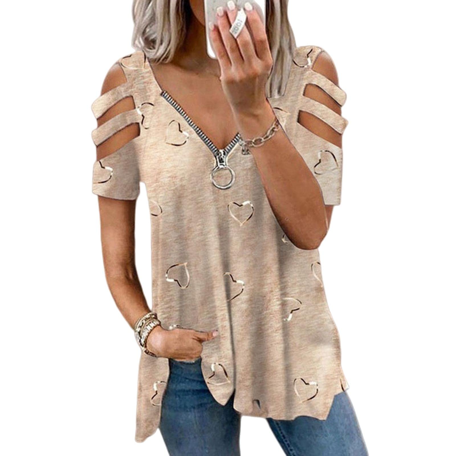 MOGSA T-shirt Estate Donna Oversize T-Shirt Cuore Stampa Spalla Aperta Manica Corta Top Femminile Plus Size Abbigliamento Donna