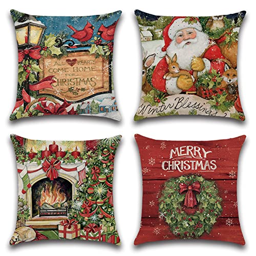 Ohok Housse de Coussin Joyeux Noël Sapin de Noël Décoration de Noël Motif Taie d'oreiller 45 x 45 cm pour Canapé Maison Salon Chambre Décoration 4 pièces (Joyeux Père Noël) Cover