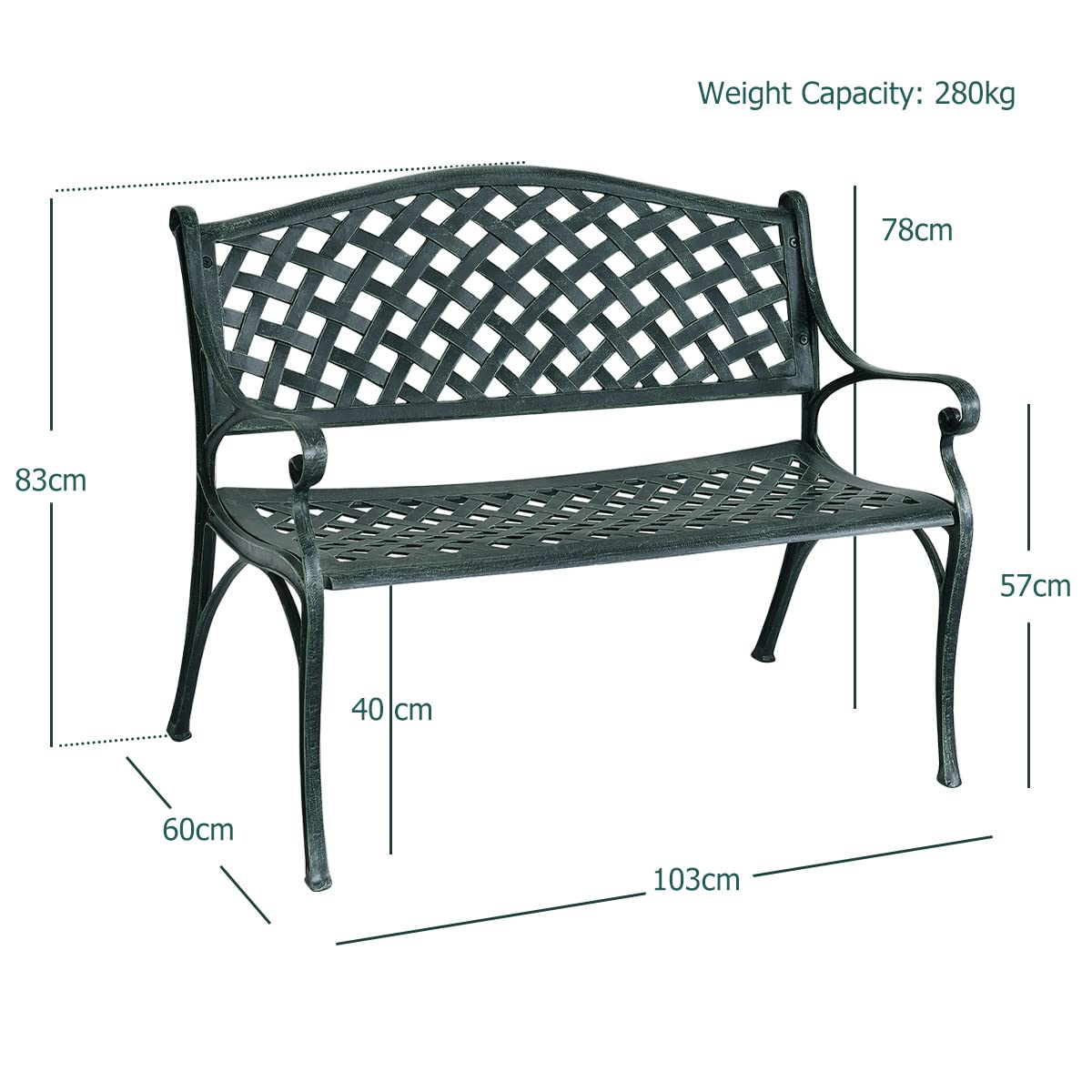 KOMFOTTEU Banco de Jardín de 2 Plazas, Banco de Parque de Aluminio con Carga de 280 kg, Asiento para Exterior con Respaldo Alto y Reposabrazos, para Balcón, Patio, 103 x 60 x 83 cm