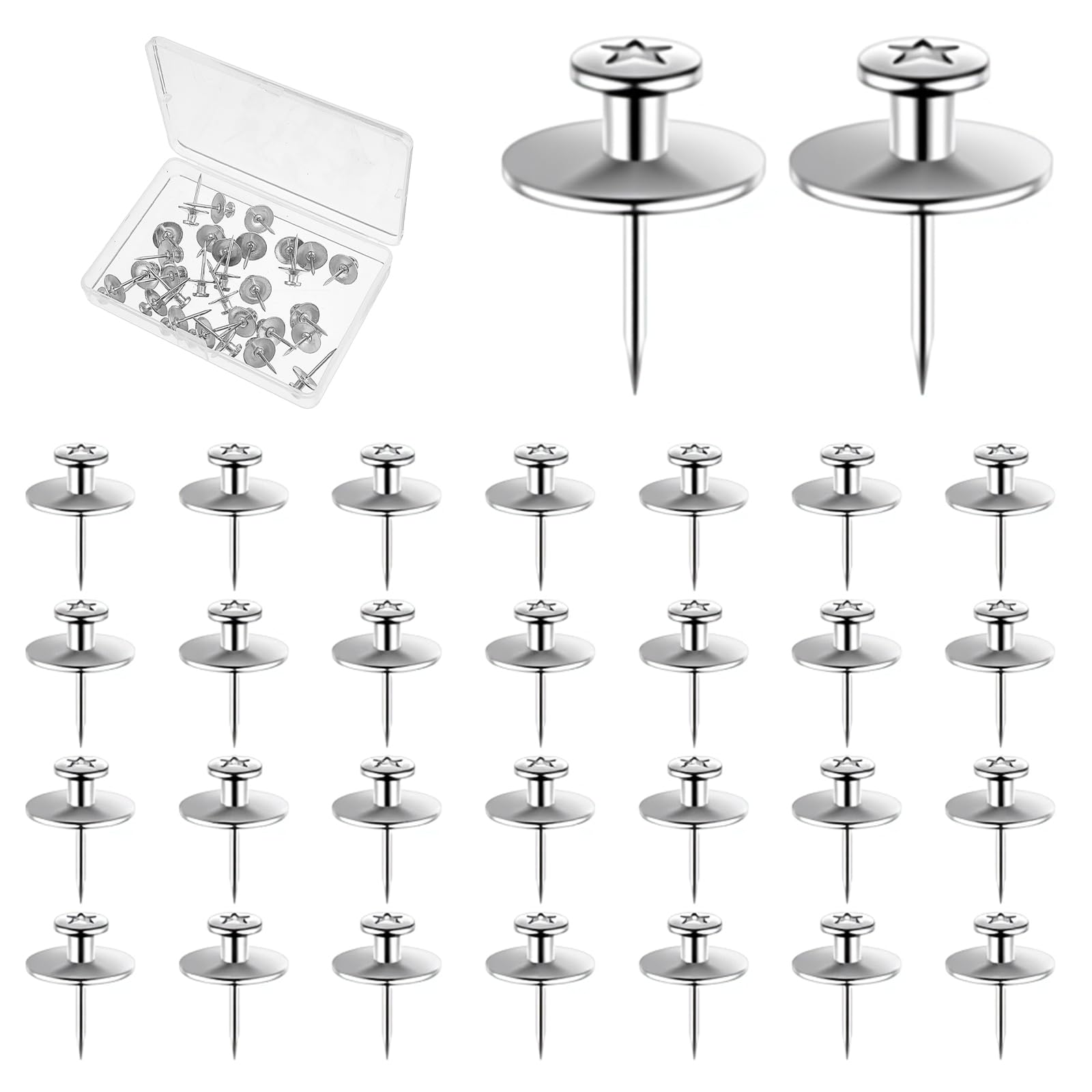 30 PCS Thumbtacks for Hanging Double Headed Picture Hanging Nails Metal Silver Small Photo Hang Hook Pins Heavy Duty Long Tacks Wall Hooks for Bulletin Board Poster Pins Home Office Map Decor