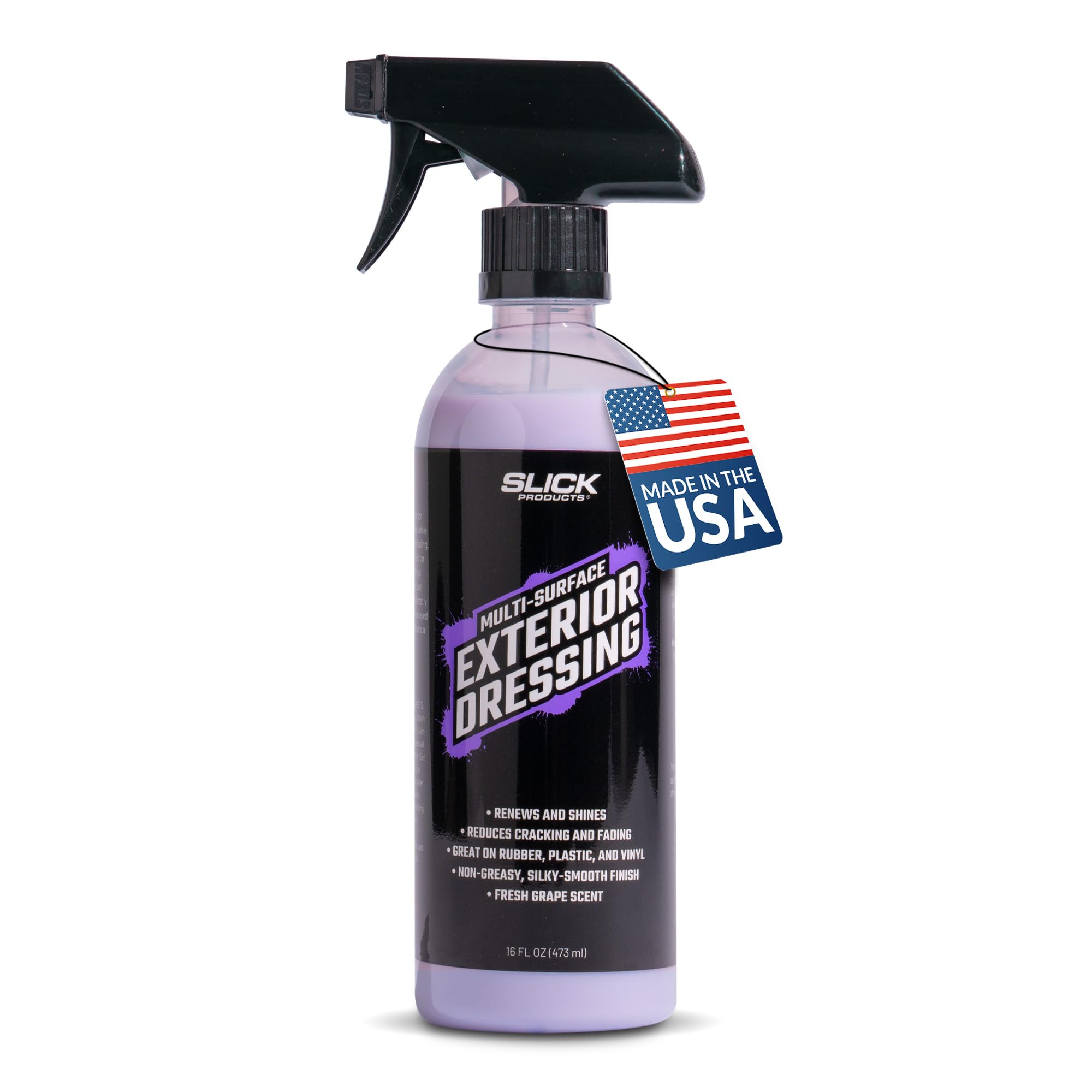 - Slick Products Multi-Surface Exterior Dressing – Restores, Protects & Shines Vinyl, Rubber & Plastic – Non-Greasy Silky Finish with Fresh Grape Scent – 16 oz.