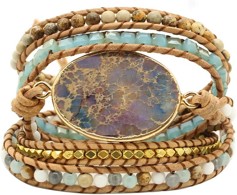 PANYSILVER Gold Plated Wrap Natural Stones Leather Wrap Around Stone Bracelet 5 Layer Natural Jasper Crystal Beaded Leather Bohemian Tribal Bracelet (Purple Imperial Jasper)