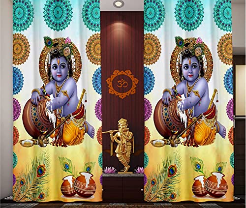 Image of 3D Digital Printed Heavy Fabric Bal Gopal Krishna God Design Curtains for Pooja Room /Temple /Home, 4x7 feet Set of 2 Pc