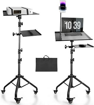 Adjustable Laptop Projector Stand with Wheels, Phone Holder and Mouse Tray | Height adjusts from 25.9 to 51.8 in. with 180-degree tilt, locking swivel wheels, cooling vents, straps, and a carry bag