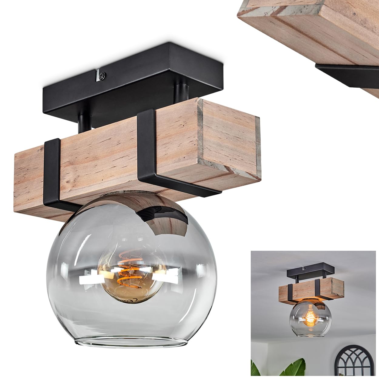 Montgomery Ceiling Light, Ceiling lamp Made of Metal/Wood/Glass in Black/Natural/Smoke Colour/Clear, luminaire in Retro/Vintage/Industrial Design with Glass Shade (Ø 15 cm), 1 x E27, Without Bulb