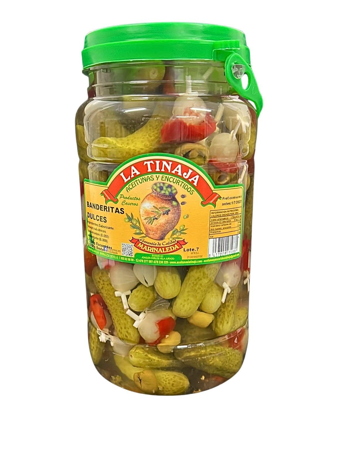 Banderillas Dulces La Tinaja – Pepinillo, cebolleta, pimiento, aceituna en brocheta – Peso escurrido 1,3kg – Cubo | agridulce no picante, aperitivo, hostelería eventos, Sevilla