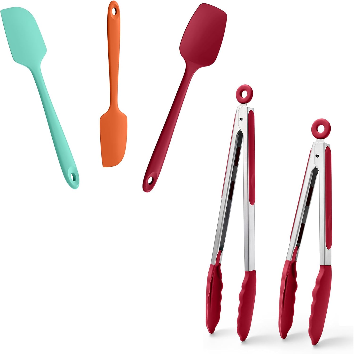 Doosu 600°F Heat Resistant Kitchen Food Tongs for Cooking with Non-Scratch Silicone Tips (9+12in, Red) & 3-Piece Silicone Spatula Set Kitchen Food-Grade Baking Supplies Cooking Tool (Aqua+Orange+Red)