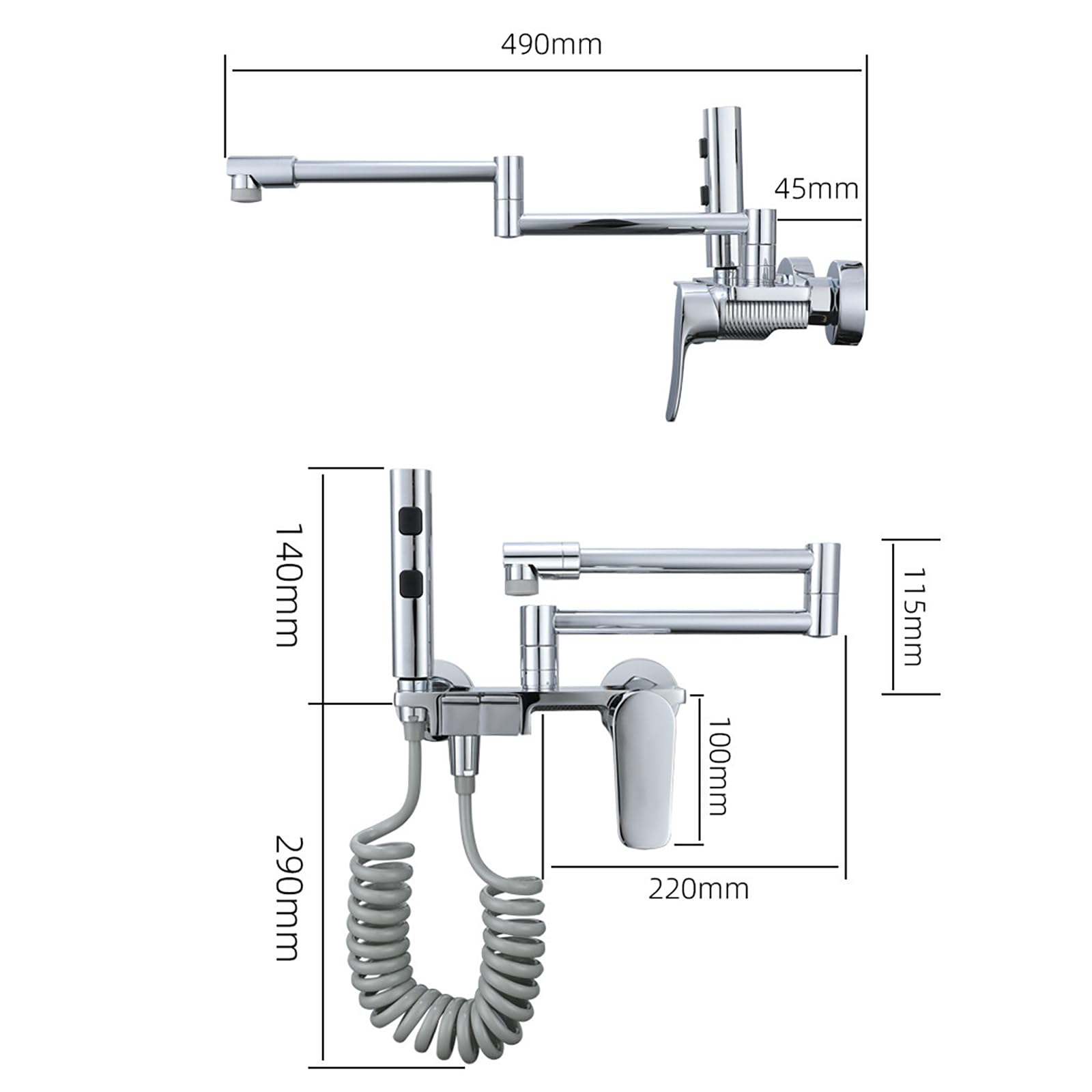 Grifo Cocina Pared Grifos Baño con Pistola Pulverizadora Grifo Cocina Abatible con 2 Chorros de Agua Latón,Gris