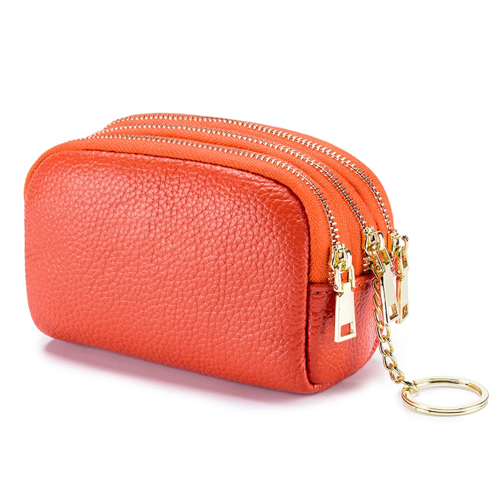 Linno3 Zippered Genuine Leather Coin Purse Triple Capacity Change Pouch Little Travel Wallet With Key Ring for Women, Orange, Tri-fold
