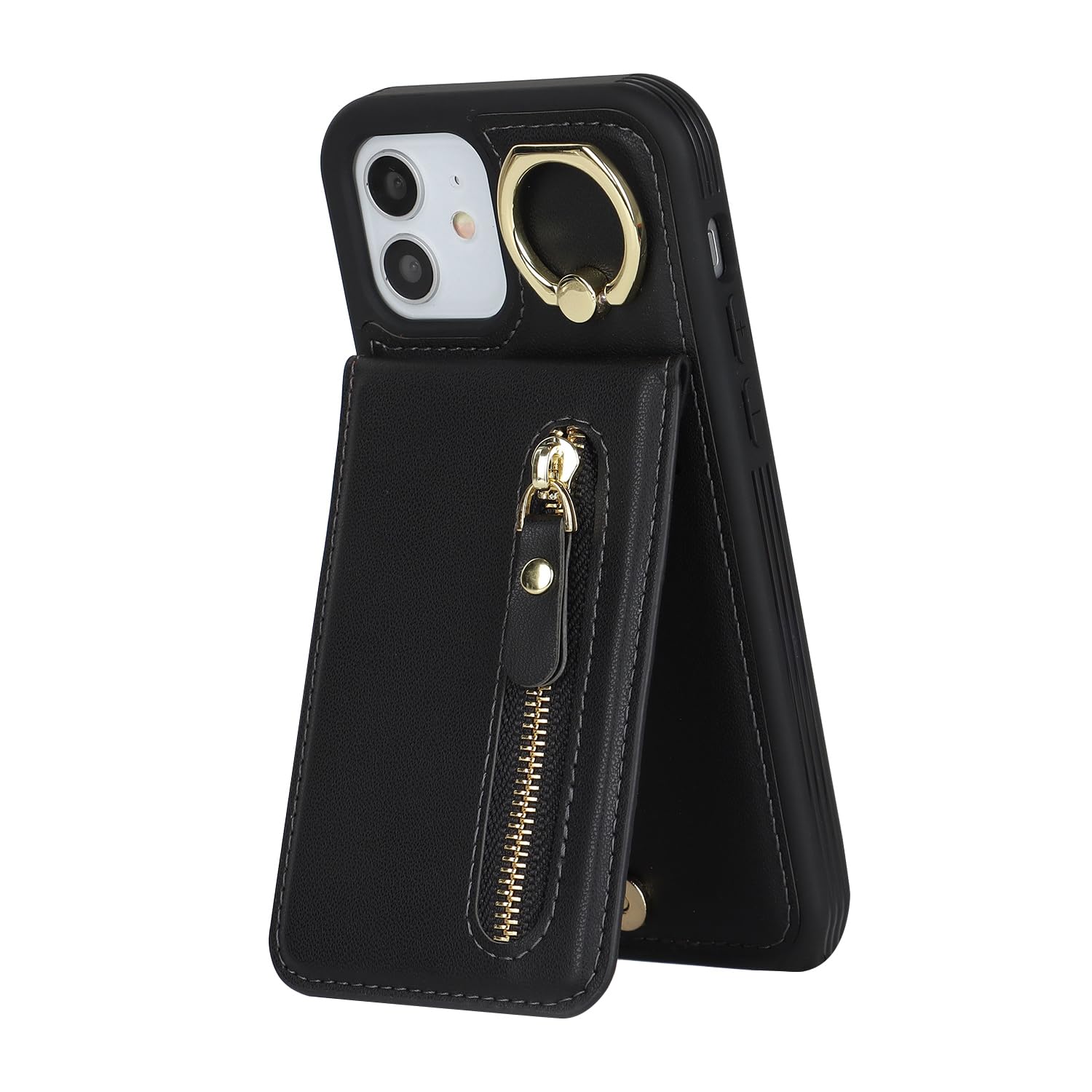 Cavor Cover Compatibile con iPhone 12 Mini,Flip Portafoglio Custodia Pelle,[4 Porta Carte][Staffa Anello Supporto][Tasca con Zip],Custodia Cover Compatibile con iPhone 12 Mini - Nero