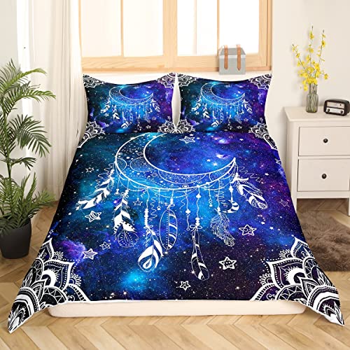 Dream Catcher Duvet Cover Twin Size Starry Galaxy Universe Comforter Cover Tribal Style Feather Bedding Set 2Pcs For Kids Girls Boys Home Decor Fantasy Exotic Mandala Quilt Cover,1 Pillowcase #TOP1