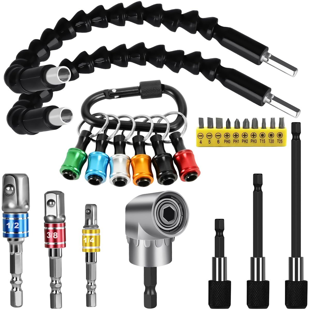 Flexible Drill Bit Extension Set, Hex Shank Bit Holder Keychain, 105°Right Angle Drill Attachmen, 3pcs 1/4 3/8 1/2" Hex Socket Adapter, 3pcs Drill Bit Holder Extension, Screwdriver Bit Kit (Black)