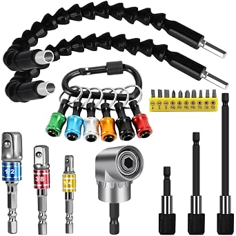 Flexible Drill Bit Extension Set, Hex Shank Bit Holder Keychain, 105Right Angle Drill Attachmen, 3pcs 1/4 3/8 1/2" Hex Socket Adapter, 3pcs Drill Bit Holder Extension, Screwdriver Bit Kit Colorful