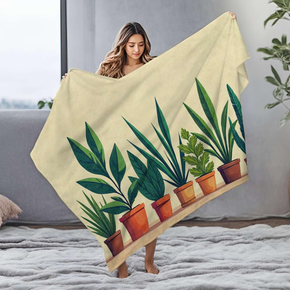 Piccola coperta con una fila di piante in vaso con diverse forme di foglie, coperta in flanella personalizzata per neonati (150 x 200 cm)