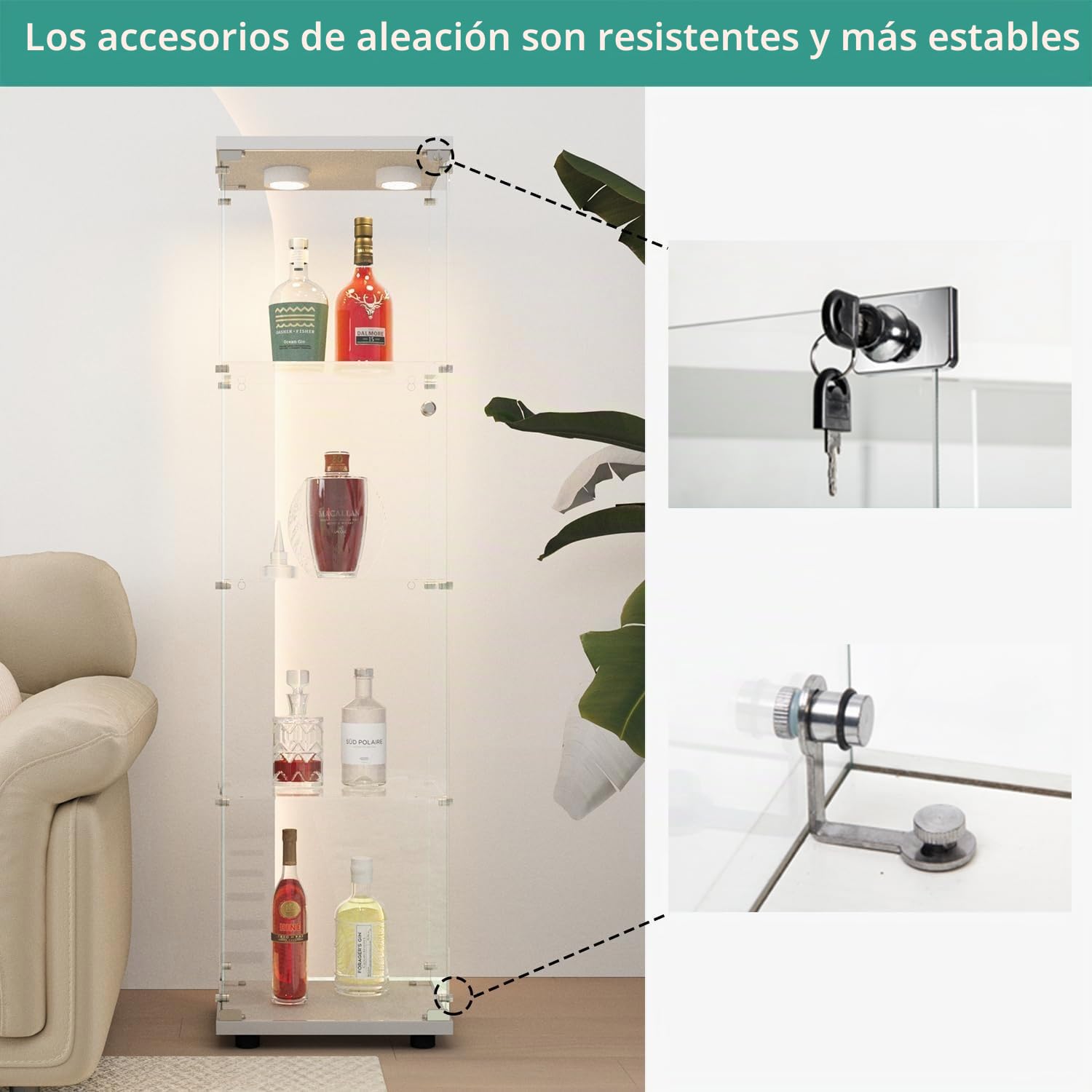Vitrina de Cristal con LED, Armario para colección con 1 Puerta, 4 estantes, Transparente, gabinete, Vitrina, Cristal, Vitrina, estatuilla, gabinete, Vitrina, salón, Bar (4 Pisos,1 Puerta