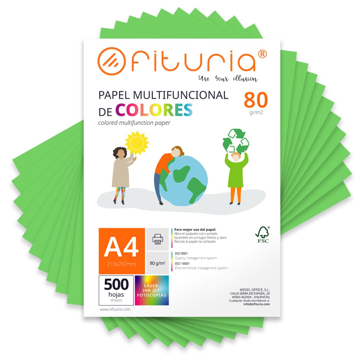 Coloured Sheets, Pack 500 Sheets A4 80 g – Coloured Paper for Crafts, Printer, Scrapbooking – Folios Colours – Ideal Origami, Papiroflexia, Office and School (Green, 500h)