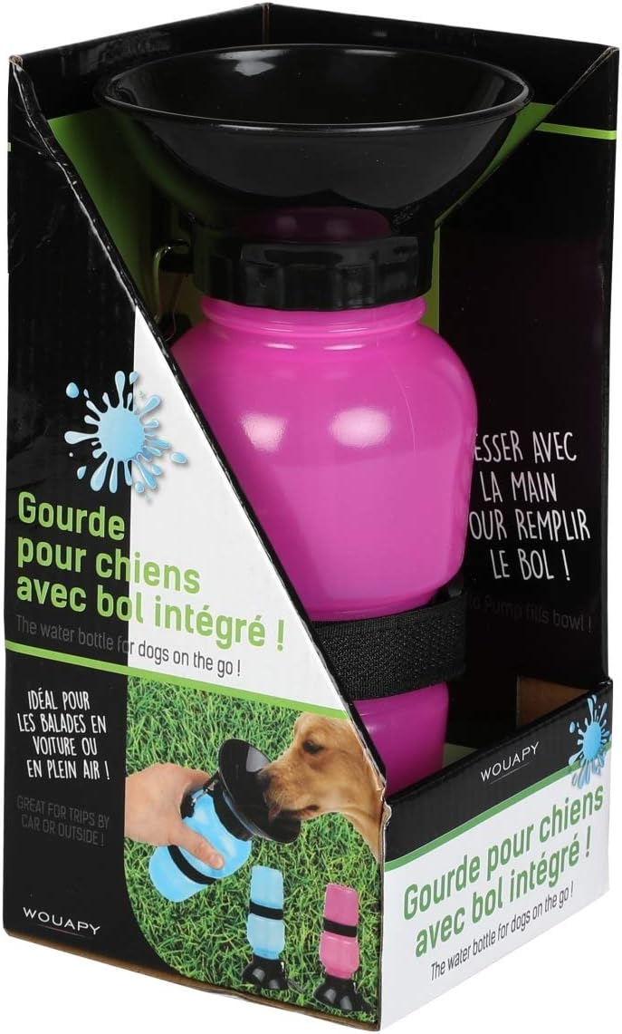 Wouapy Portable Dog Fountain Drinker (500ml, Pink) Water Bottle with Bowl for Large Dogs Plastic Puppy Pet Accessories