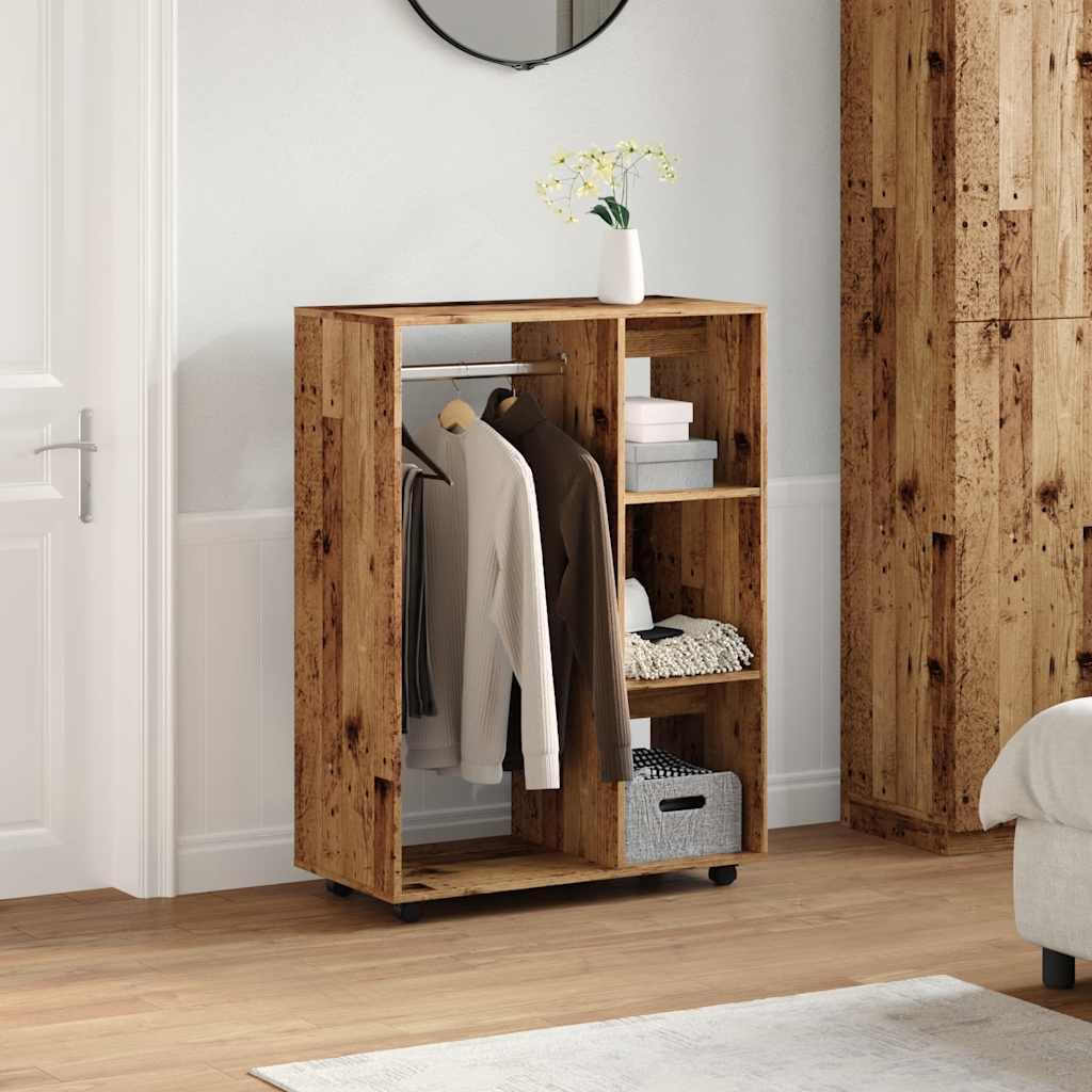 Penderie mobile à roulettes et 3 étagères, porte-manteau en bois recyclé avec compartiment ouvert