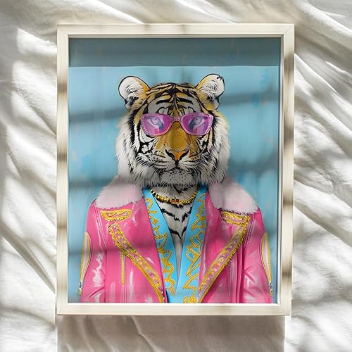 Miniatura 8 de Arte pop lindo de tigre rosa  Decoración ecléctica de pared de animales de la selva  Arte de pared funky de moda de gato grande  Arte de pared de