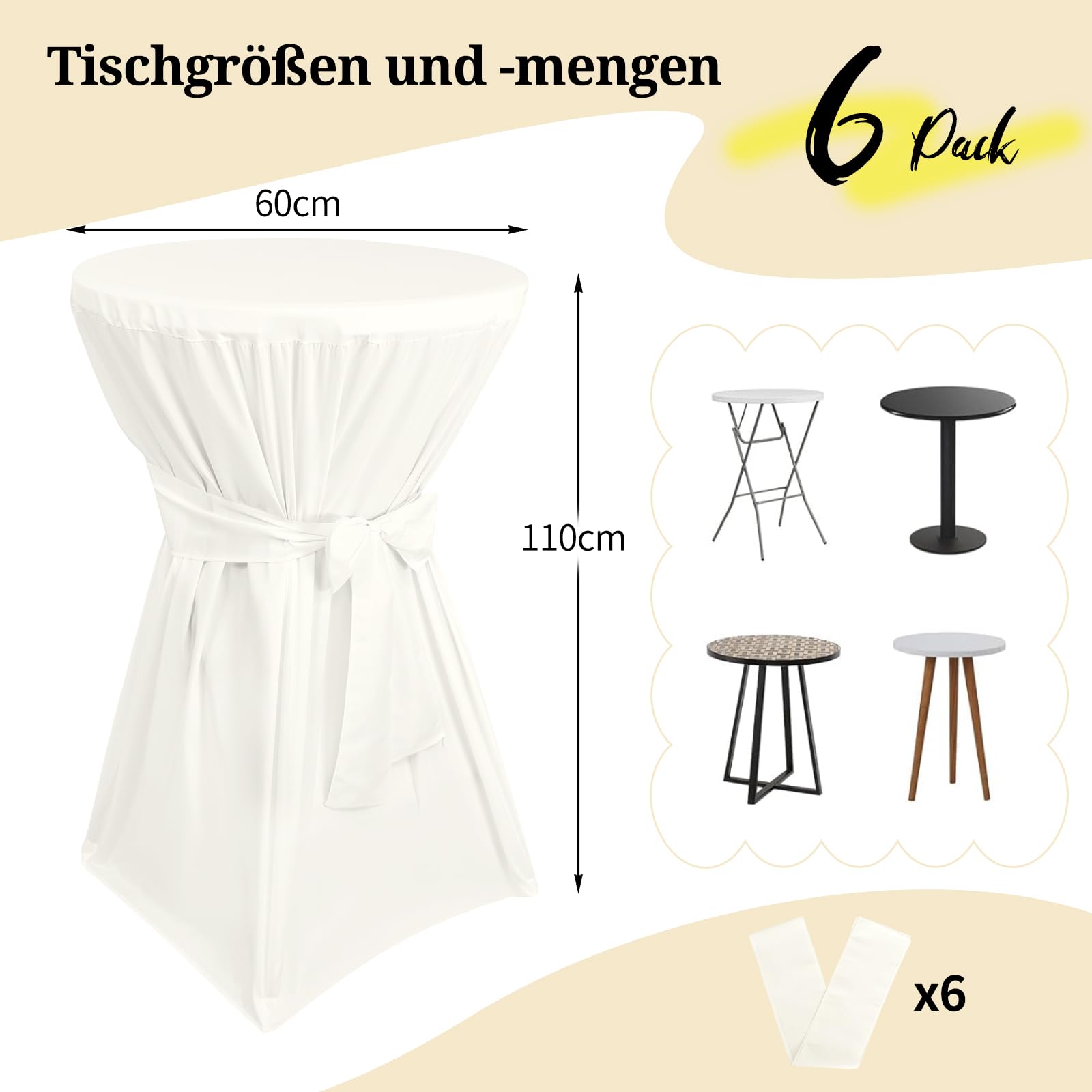 Teruntrue 6 Stück stehtisch hussen Elfenbein,Stehtischhusse Elfenbein für Ø 60-65 cm Stehtische und Bistrotische, Tischdecke aus Polyester mit Fußtaschen
