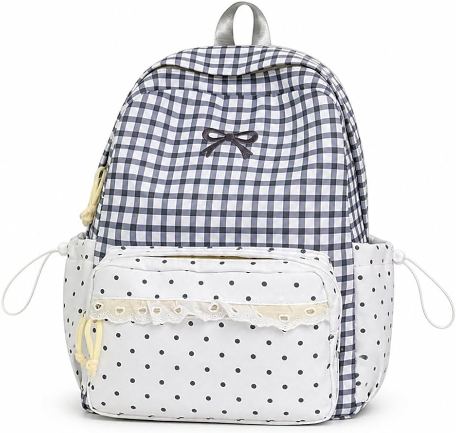 Ruffle Backpack with Plaid, Polka Dot Pockets and Bow Accent (Blue)