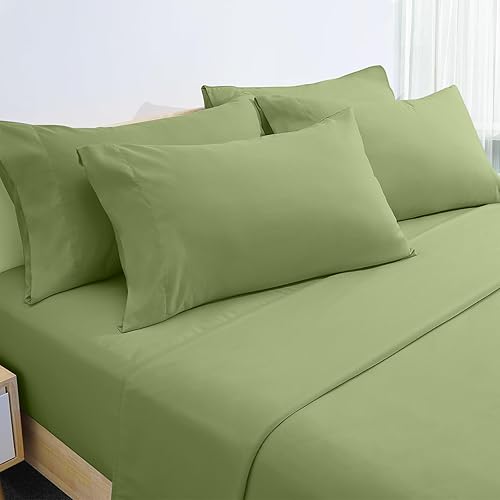 Homeideas- Juego de sábanas extra suaves de microfibra cepillada 1800 sábanas bolsillo profundo, hipoalergénico, Microfibra, Verde salvia, Completo