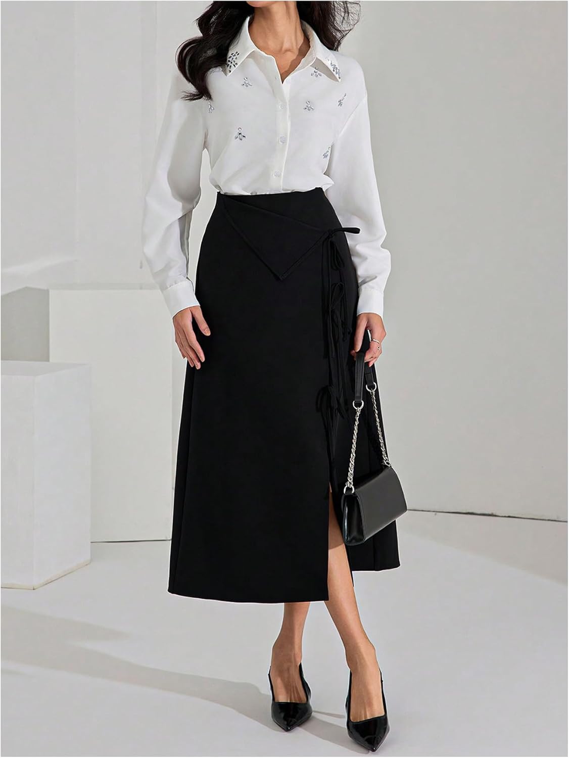 SweatyRocks Women's Long Sleeve Button Down Shirts Blouses Rhinestone Business Work Tops - Image 5