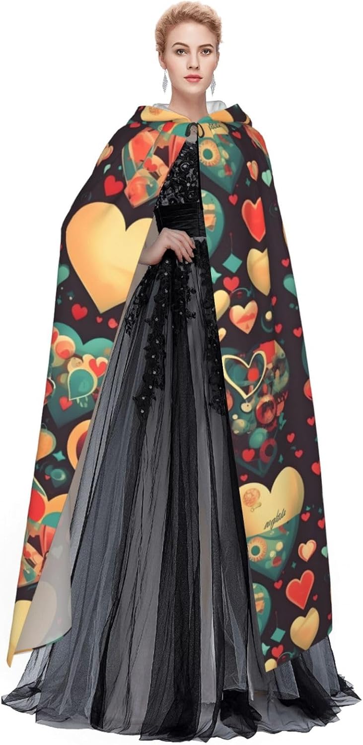 Colorful Hearts Men Women Halloween Role Play Party Decoration Hooded Poncho Black