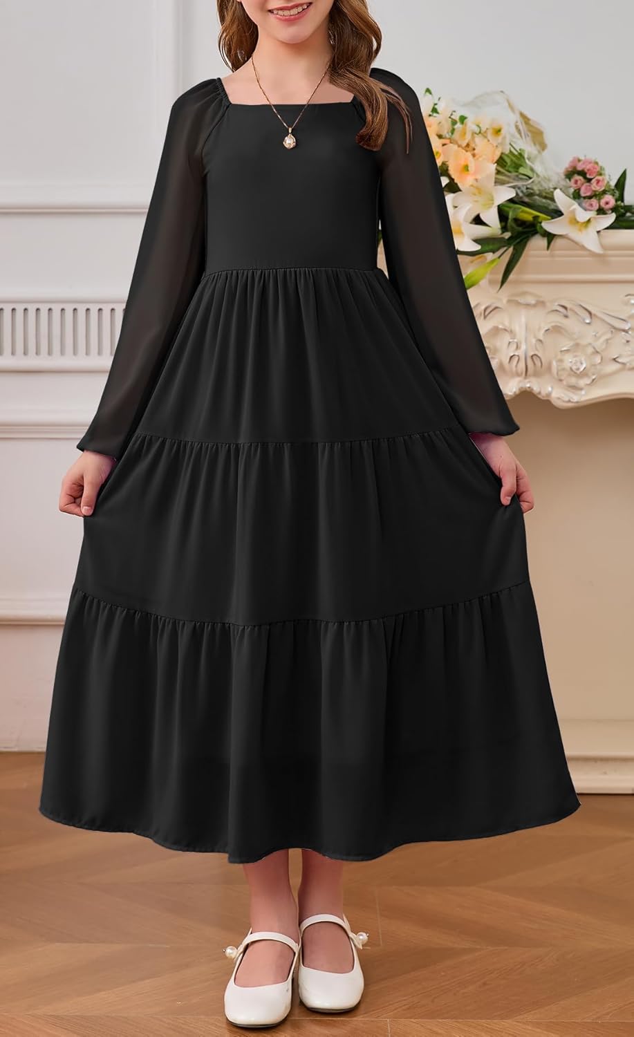 YOVION Girls Fall Long Sleeve Maxi Dress Chiffon A-Line Smocked Tiered Flowy Formal Wedding Guest Dresses for 6-12 Y - Image 2