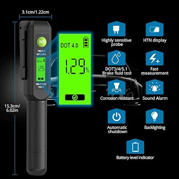 AUTOUTLET LCD Brake Fluid Tester, High-Precision Moisture Detection for DOT3, DOT4, DOT5.1 with Three-Color LED Display, Audio Alert, Compact Design & Multi-Language Manual