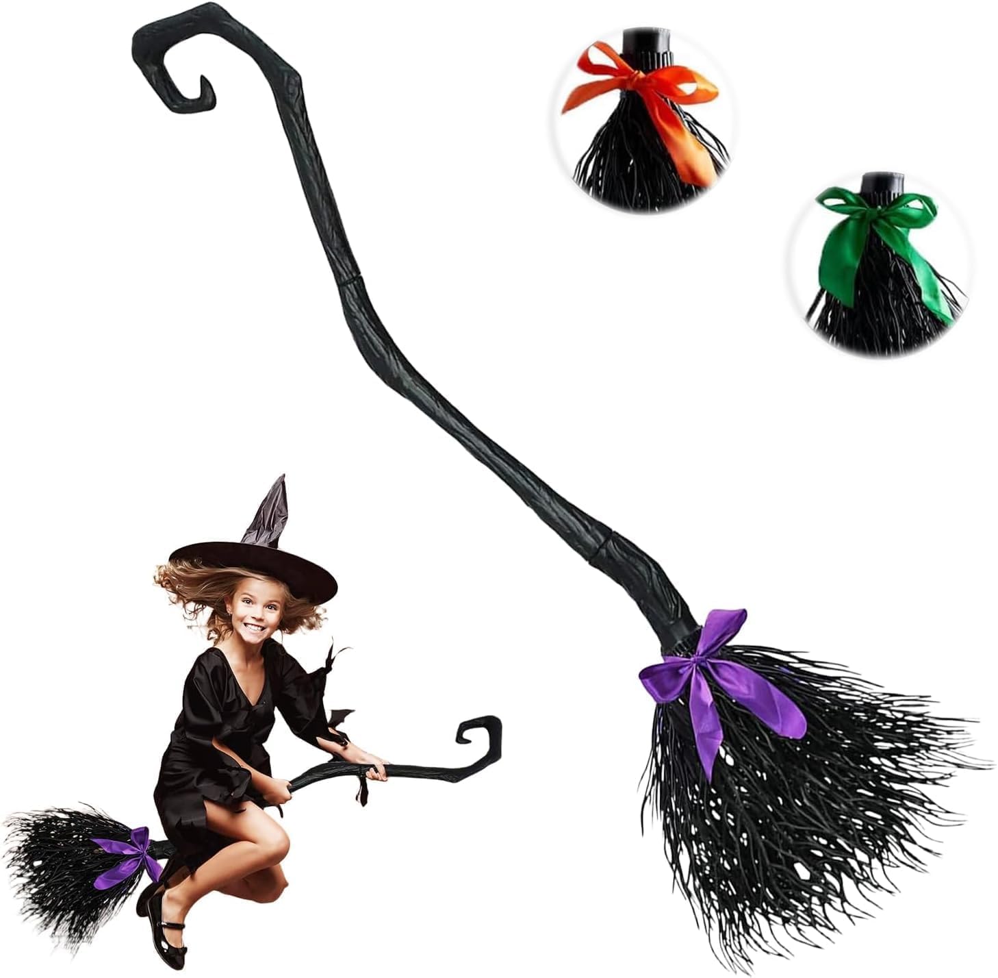 Halloween Witch Broomstick With Ribbon Witch Broom With 3 Ribbons Magic Broomstick Toy Halloween Costume Accessory Decoration Masquerade Show Dress Up Supplies For Adult Kids Party Favor Photo
